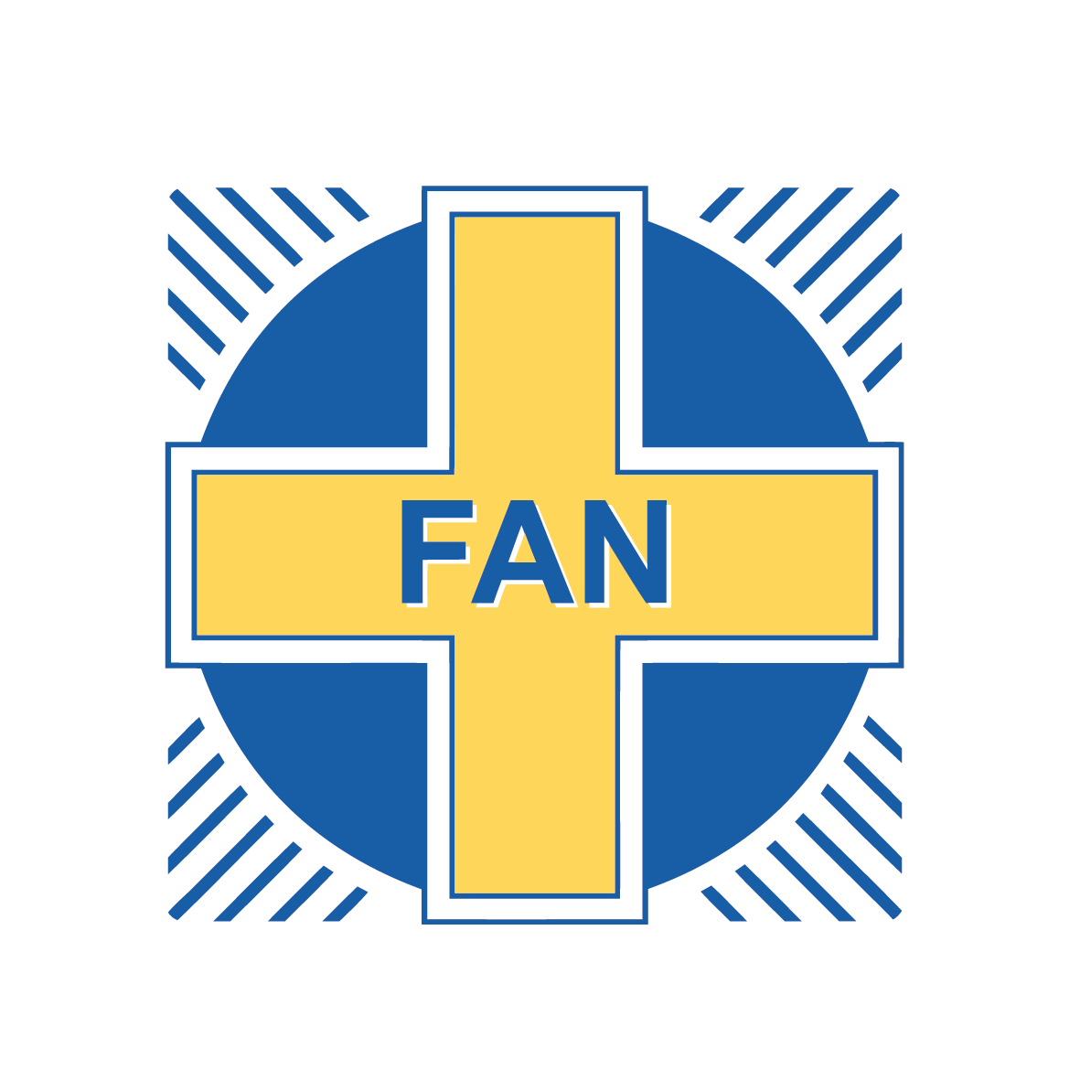 Fanin logo, keltainen risti sinisessä ympyrässä, keskellä teksti FAN