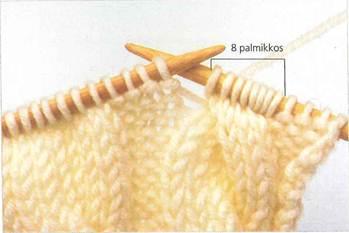 Kuvassa on mallineule kuinka palmikkoa tehdään: tässä vaihe, jossa näytetään: 8 palmikkosilmukkaa