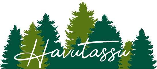 Vihreitä havupuita, joiden päälle on kirjoitettu kaunokirjaimin teksti "Havutassu".