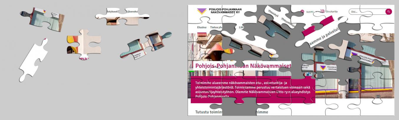 Etusivun kansikuva toimistosta muutettu palapeliksi, jossa on paloja siellä täällä