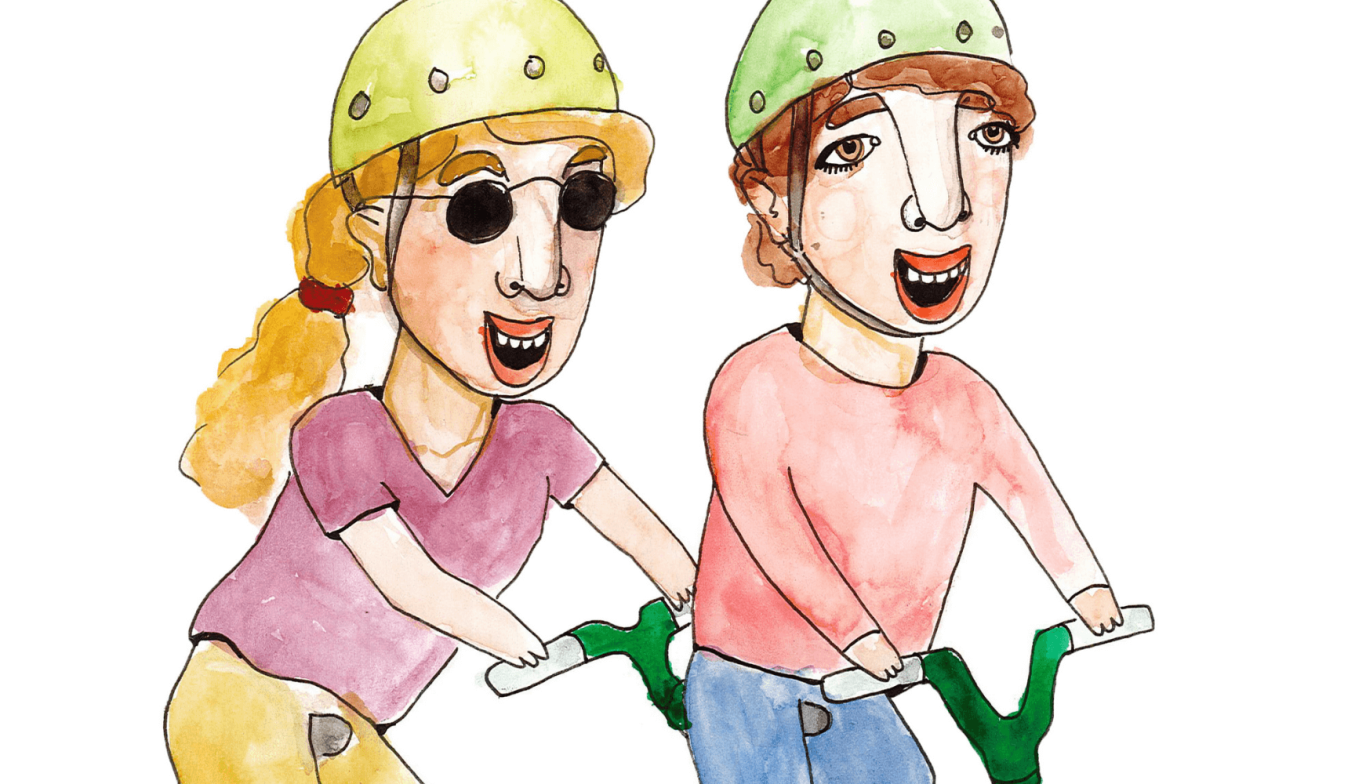 Piirroskuva kahdesta hymyilevästä henkilöstä, jotka ajavat kypärät päässä tandempyörällä, perässä istuvalla mustat lasit.