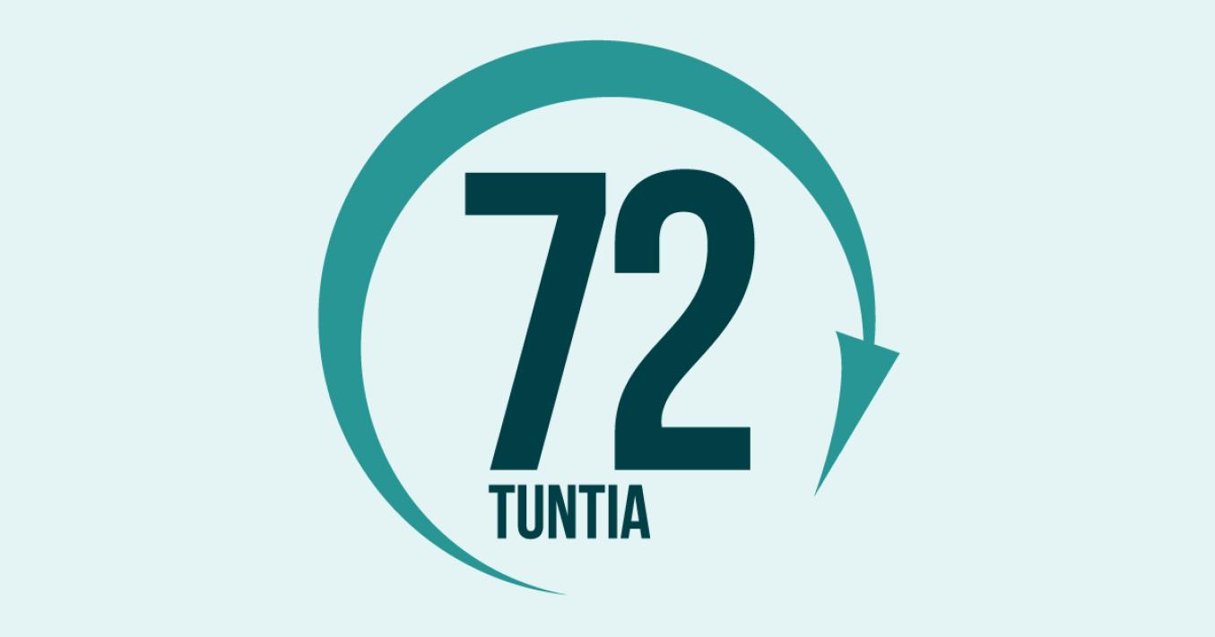 Logo 72 tuntia, vihreän, oikeasta alakulmasta avoimen ympyrän sisällä numrot 7 ja 2 ja teksti tuntia.