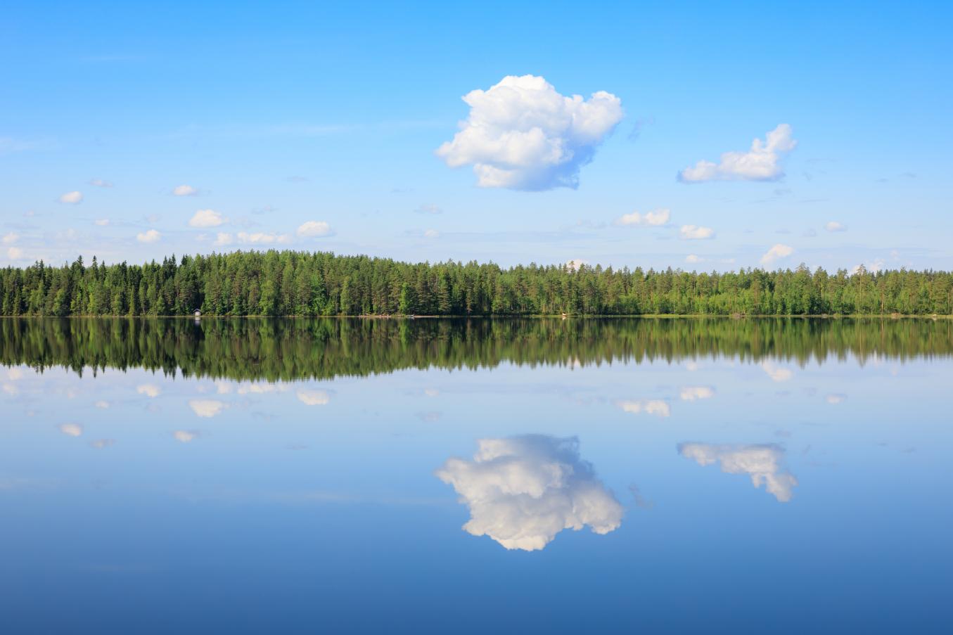 Järvimaisema, jossa vastarannalla olevat puut heijastuvat vedenpinnasta peilikuvana. Taivaalla on yksi iso pilvi, joka myös heijastuu veden kautta.