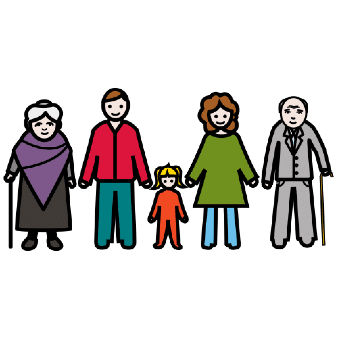 Värillinen piirroskuva perheestä kasvot kohti katsojaa, isoäiti, isä, lapsi, äiti, isoisä.