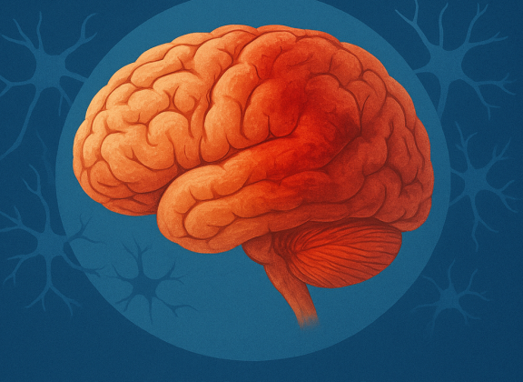 Oranssinpunainen aivojen kuvitus keskellä. Taustalla näkyy hermosolujen siluetteja.