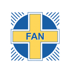 Fanin logo, keltainen risti sinisessä ympyrässä, keskellä teksti FAN