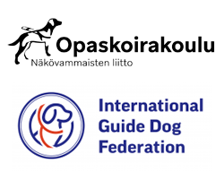 Näkövammaisten liiton opaskoirakoulun ja International Guide Dog Federationin logot 