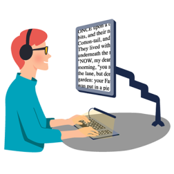 Henkilö pöydän ääressä edessään lähelle kasvoja asettuva tietokonenäyttö, jossa isokokoista tekstiä, ja valaistu näppäimistö ja korvilla kuulokkeet. Piirroskuva.